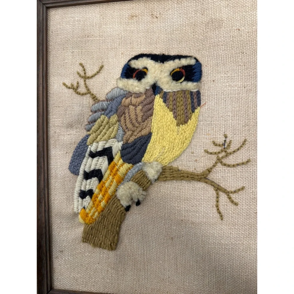 Vintage Betty Talpey Crewel Work Owl Framed Embroidery Folk Art 1970s Boho Decor